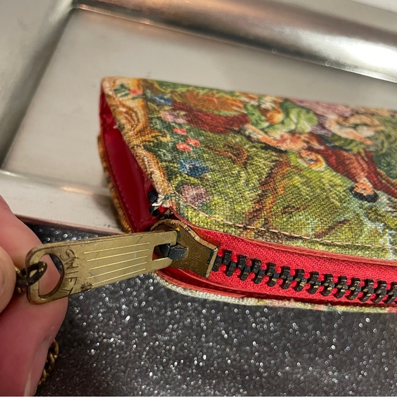 Vintage Vibrant Red and Green Clutch/Business Card Holder with Heavy Gold Chain